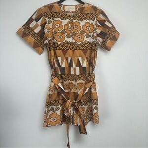 Carolina K Tilly Romper Rhombus Flowers Sz XS Brown Hippie 70s Retro Sustainable